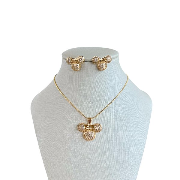 Conjunto Folheado Ouro 18k e Prata 925 Minnie Cravejada