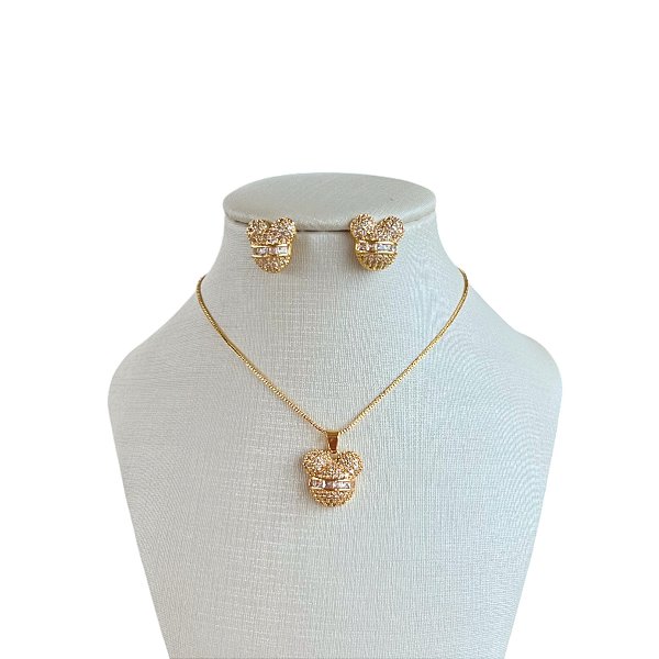 Conjunto Folheado Ouro 18k e Prata 925 Mickey Cravejado