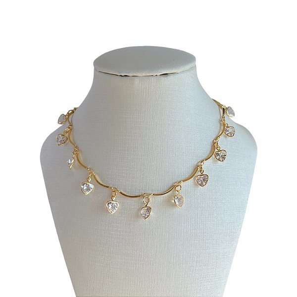 Choker Folheada Ouro 18k Corações Cristais