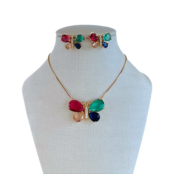 Conjunto Folheado Ouro 18k e Prata 925 Borboleta Cravejada