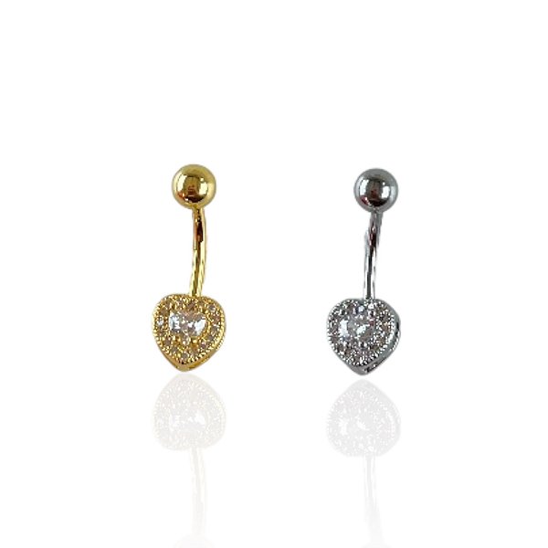 Piercing Aço Inoxidável Dourado e Prata Umbigo Coração Ponto de Luz Cravejado