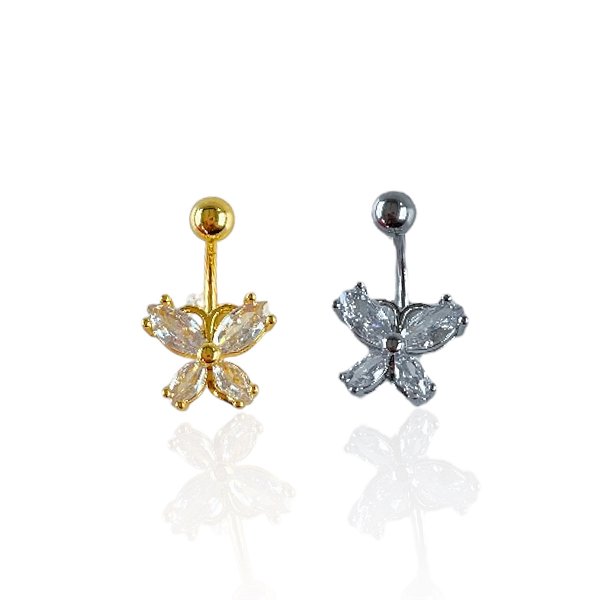 Piercing Aço Inoxidável Dourado e Prata Umbigo Borboleta Cravejada