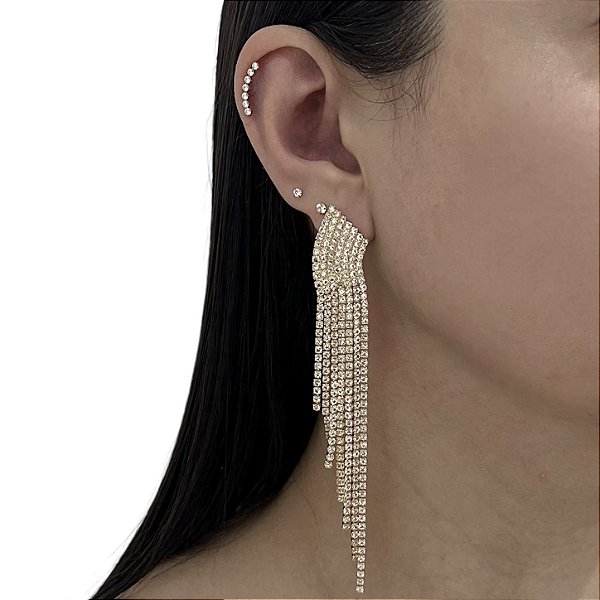 Brinco Folheado Ouro 18k e Prata 925 Franja Strass Cascata