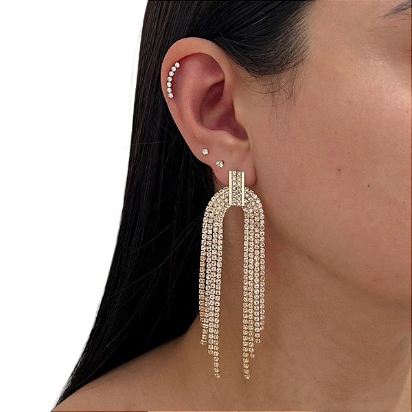 Brinco Folheado Ouro 18k e Prata 925 Franja Strass Arco Aberto
