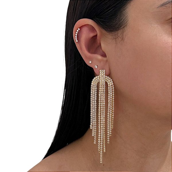 Brinco Folheado Ouro 18k e Prata 925 Franja Strass Três Arco