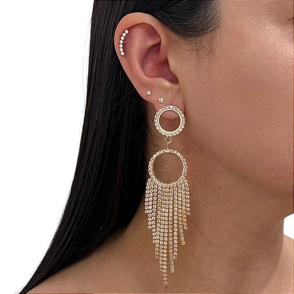 Brinco Folheado Ouro 18k e Prata 925 Franja Strass Argola Dupla