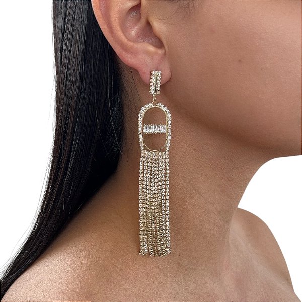 Brinco Folheado Ouro 18k e Prata 925 Franja Strass