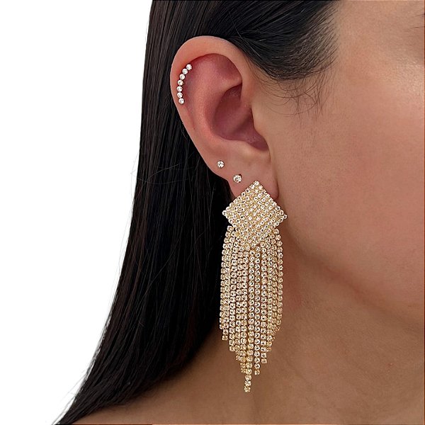 Brinco Folheado Ouro 18k e Prata 925 Franja Strass Losango