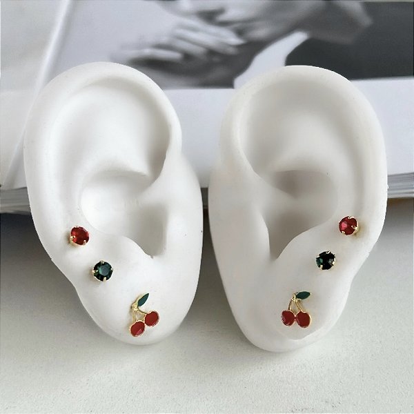 Trio de Brincos Folheado Ouro 18k e Prata 925 Cereja
