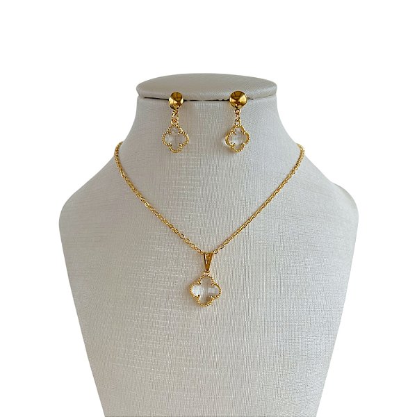 Conjunto Folheado Ouro 18k e Prata 925 Trevo Cristal