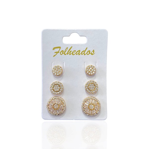 Trio Brincos Folheado Ouro 18k e Prata 925 Redondo Cravejado