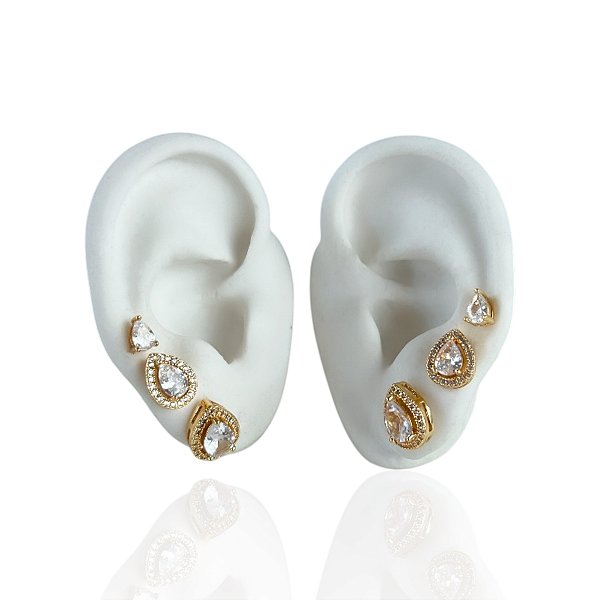 Trio Brincos Folheado Ouro 18k e Prata 925 Gota Cravejada
