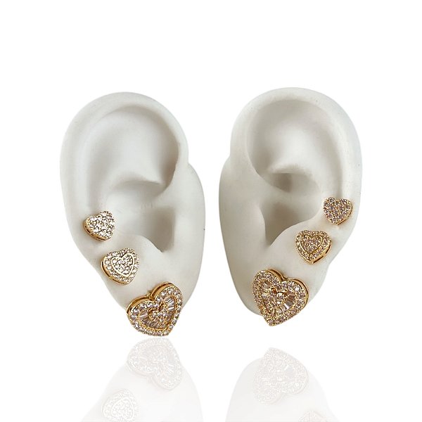 Trio Brincos Folheado Ouro 18k e Prata 925 Coração Cravejado