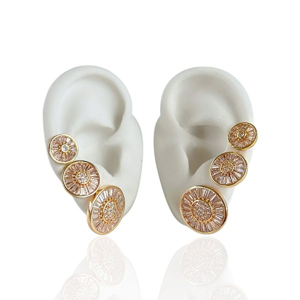 Trio Brincos Folheado Ouro 18k e Prata 925 Redondo Cravejado