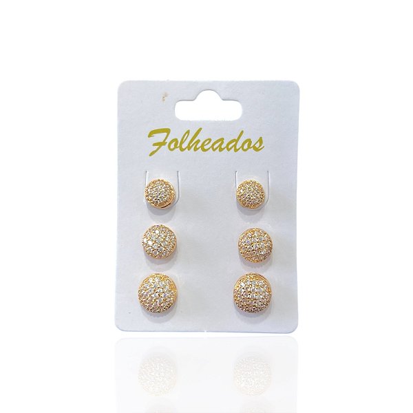 Trio Brincos Folheado Ouro 18k e Prata 925 Redondo Cravejado