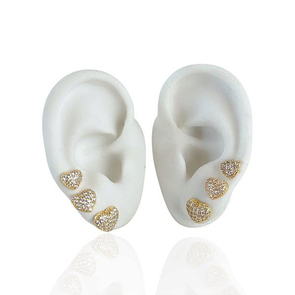 Trio Brincos Folheado Ouro 18k e Prata 925 Coração Cravejado