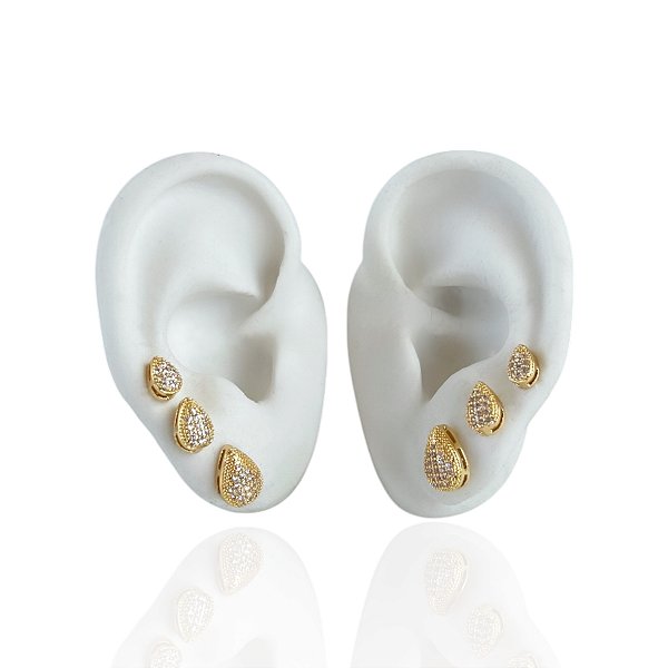 Trio Brincos Folheado Ouro 18k e Prata 925 Gota Cravejada