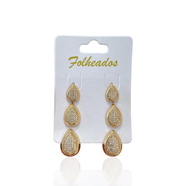 Trio Brincos Folheado Ouro 18k e Prata 925 Gota Cravejada