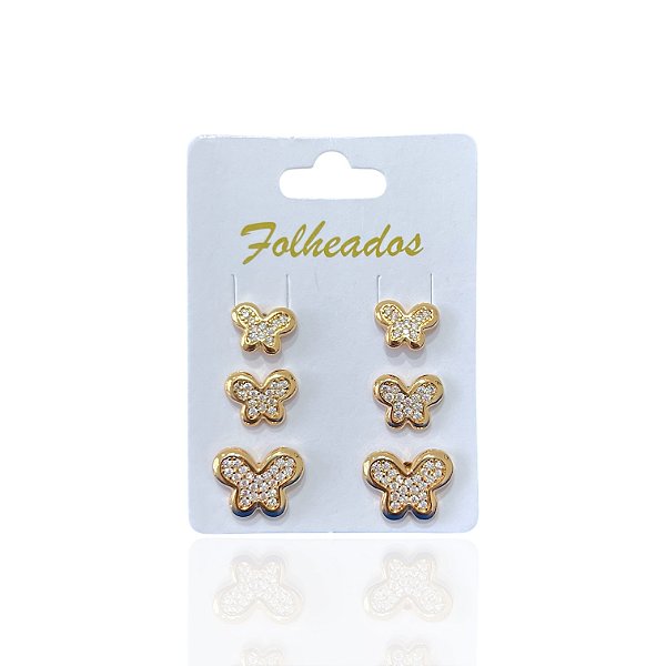 Trio Brincos Folheado Ouro 18k e Prata 925 Borboleta Cravejada