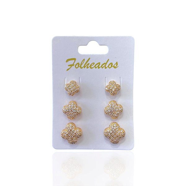 Trio Brincos Folheado Ouro 18k e Prata 925 Trevo Cravejado
