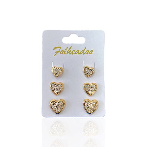Trio Brincos Folheado Ouro 18k e Prata 925 Coração Cravejado