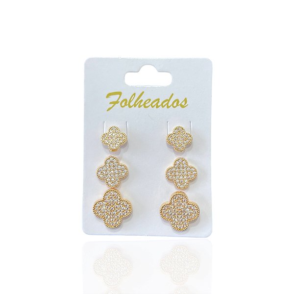 Trio Brincos Folheado Ouro 18k e Prata 925 Trevo Cravejado