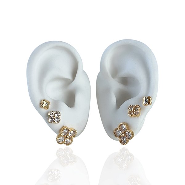 Trio Brincos Folheado Ouro 18k e Prata 925 Trevo Cravejado