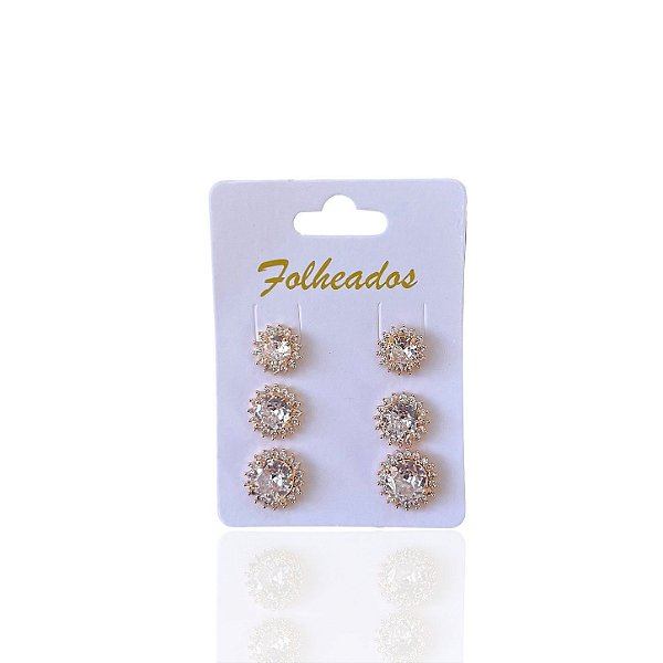 Trio Brincos Folheado Ouro 18k e Prata 925 Redondo Cravejado