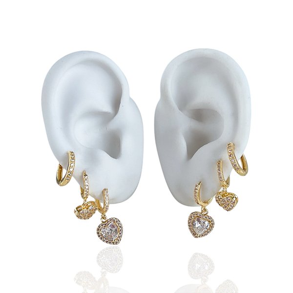 Trio Brincos Folheado Ouro 18k e Prata 925 Argola Coração Cravejada