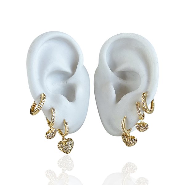 Trio Brincos Folheado Ouro 18k e Prata 925 Argola Coração Cravejada