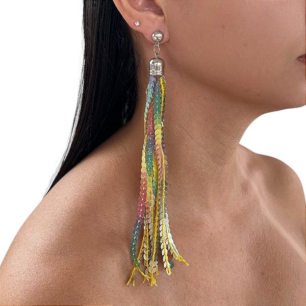 Brinco Franja Lantejoulas Bijuteria