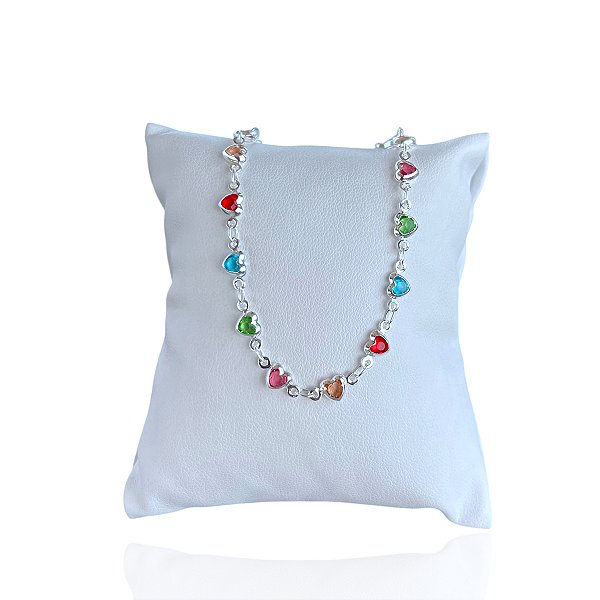 Pulseira Folheada Prata 925 Corações Pontos de Luz