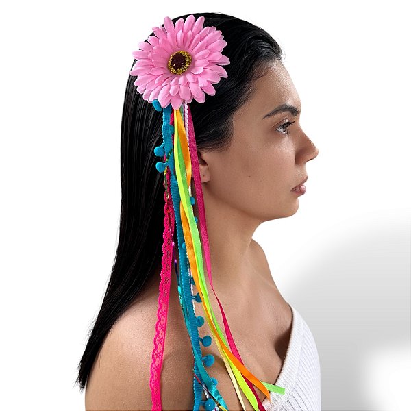 Presilha Flor Fitas Lantejoulas Pompom