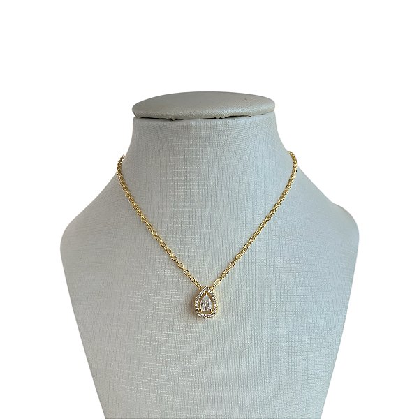 Colar Folheado Ouro 18k e Prata 925 Gota Cravejada