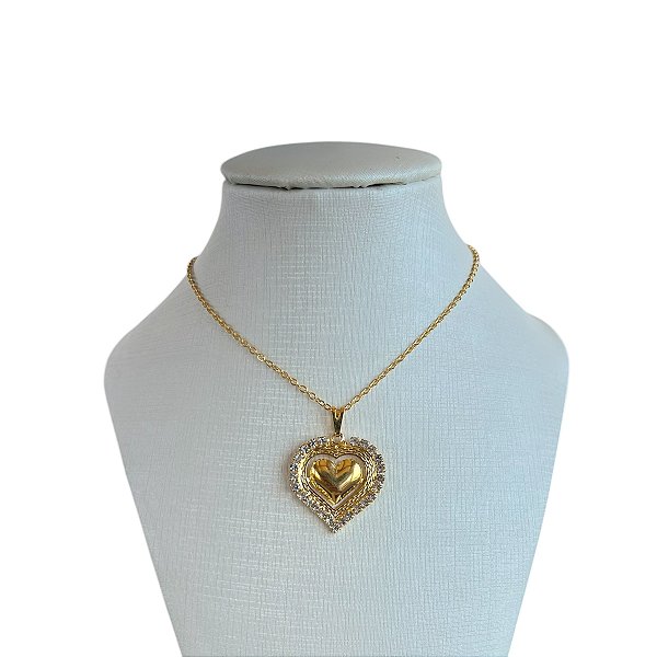 Colar Folheado Ouro 18k e Prata 925 Coração Strass