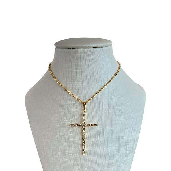 Colar Folheado Ouro 18k e Prata 925 Cruz Strass