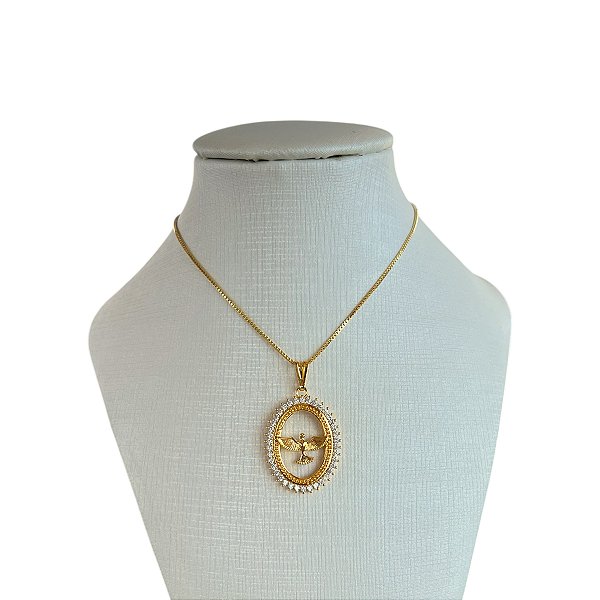 Colar Folheado Ouro 18k e Prata 925 Espírito Santo Cravejado