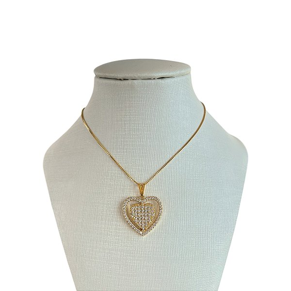 Colar Folheado Ouro 18k Coração Cravejado