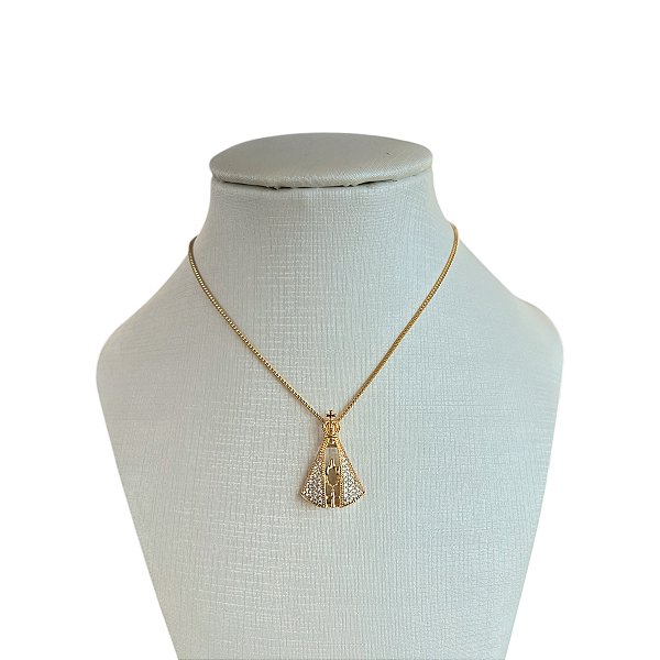 Colar Folheado Ouro 18k e Prata 925 Nossa Senhora Cravejada