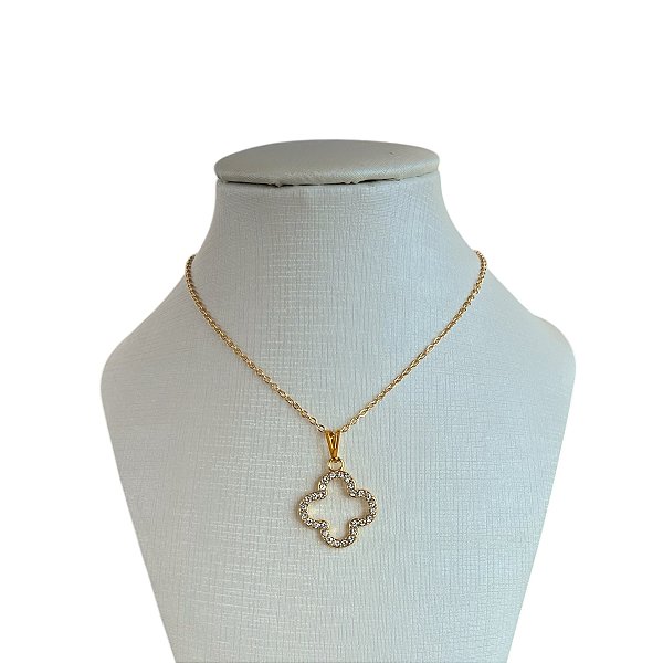 Colar Folheado Ouro 18k Trevo Strass