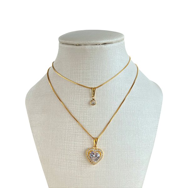 Colar Duplo Folheado Ouro 18k e Prata 925 Coração Cravejado Ponto de Luz