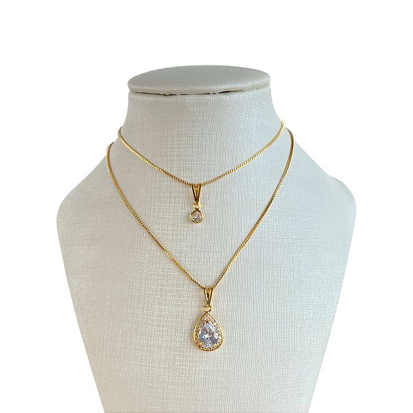 Colar Duplo Folheado Ouro 18k e Prata 925 Gota Cravejada Ponto de Luz