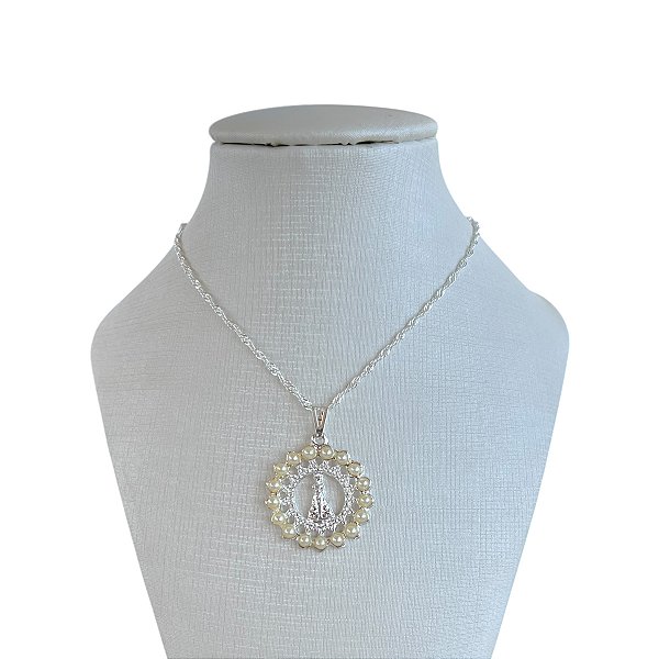 Colar Folheado Prata 925 Nossa Senhora Pérolas