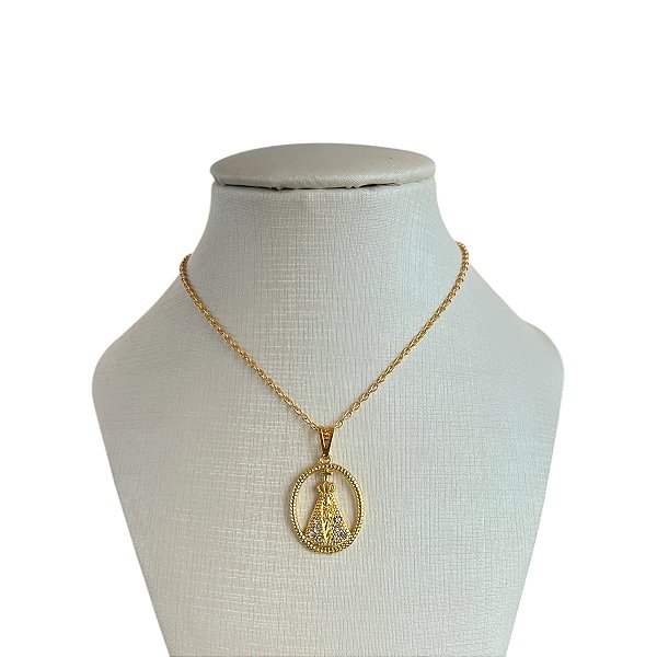 Colar Folheado Ouro 18k Nossa Senhora Strass
