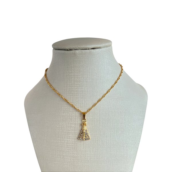 Colar Folheado Ouro 18k Nossa Senhora Strass