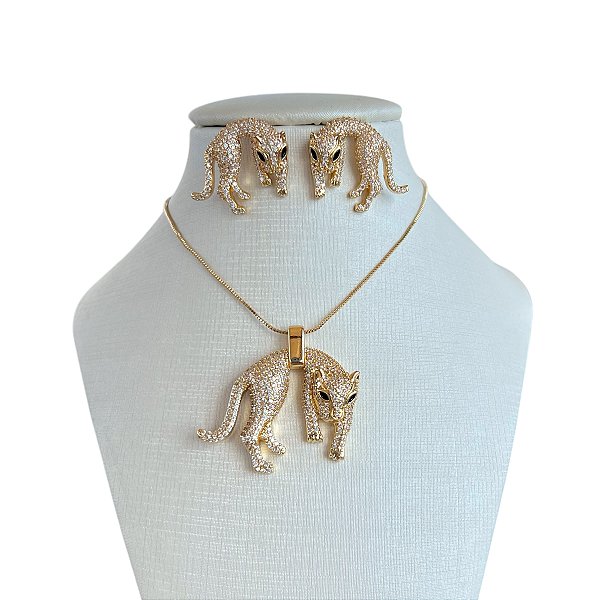 Conjunto Folheado Ouro 18k e Prata 925 Pantera Cravejada