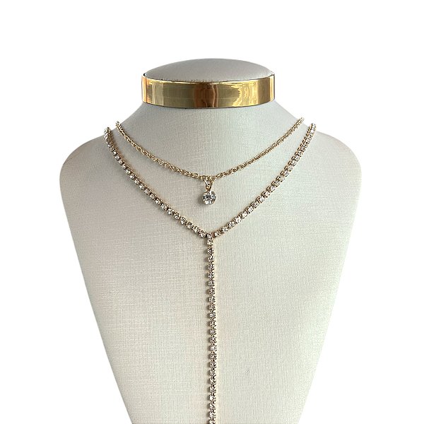 Colar Duplo Bijuteria Gravatinha Strass