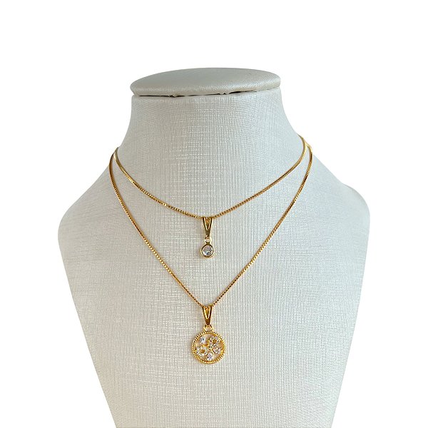 Colar Duplo Folheado Ouro 18k Borboleta Cravejada