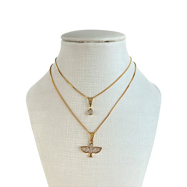 Colar Duplo Folheado Ouro 18k Espírito Santo Cravejado