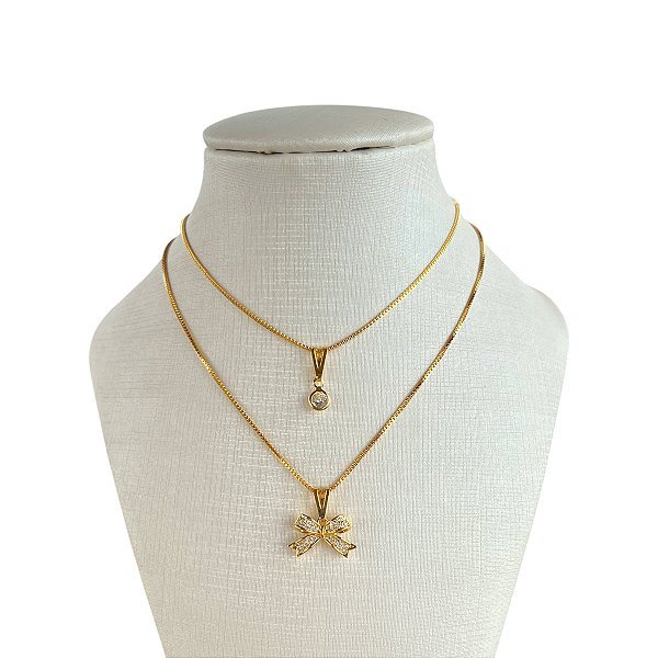 Colar Duplo Folheado Ouro 18k Laço Cravejado